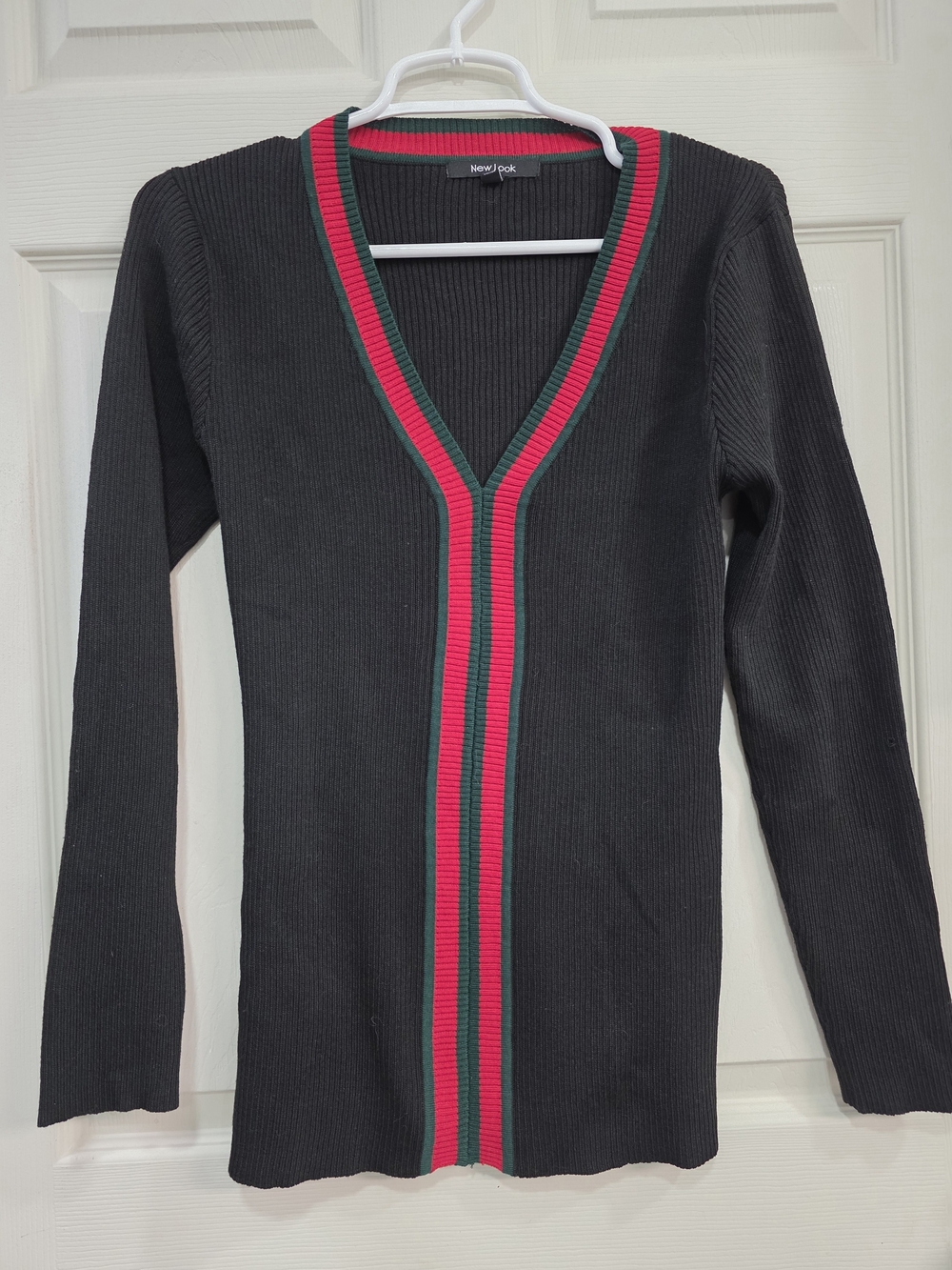 Black V-Neck Ribbed Sweater with Red and Green Trim